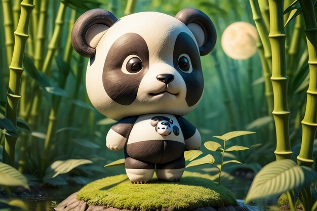 Cartoon chinese national treasure panda playing in bamboo forest anime 3d rendering wallpaper