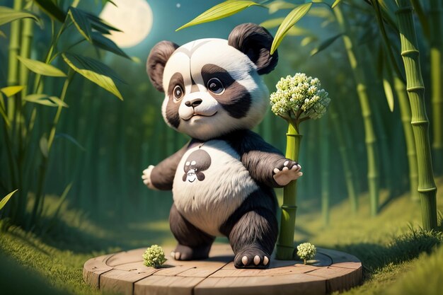 Cartoon chinese national treasure panda playing in bamboo forest anime 3d rendering wallpaper