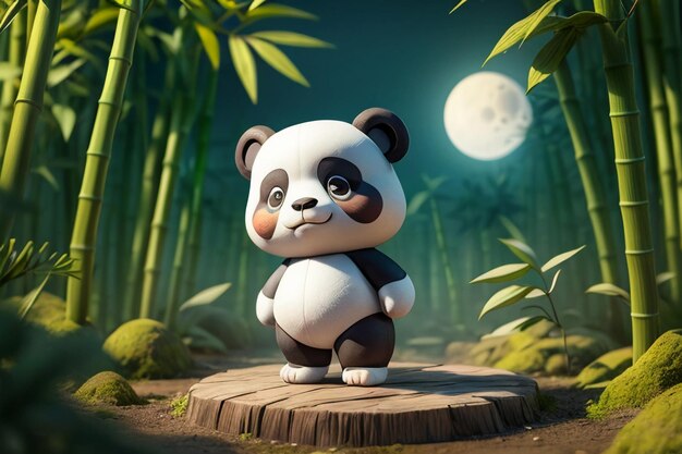 Cartoon chinese national treasure panda playing in bamboo forest anime 3d rendering wallpaper