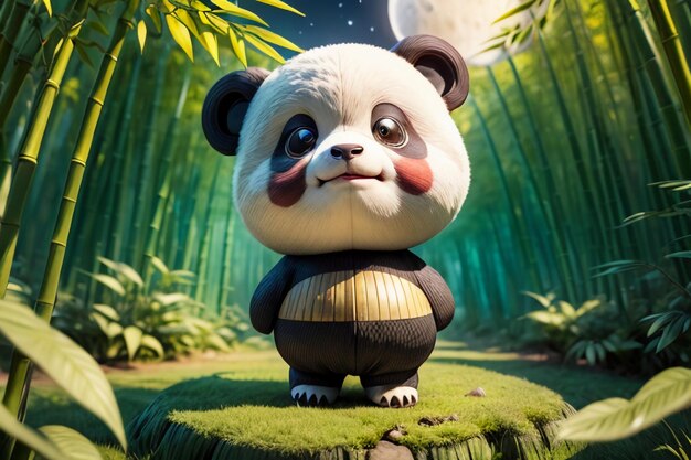 Cartoon chinese national treasure panda playing in bamboo forest anime 3d rendering wallpaper