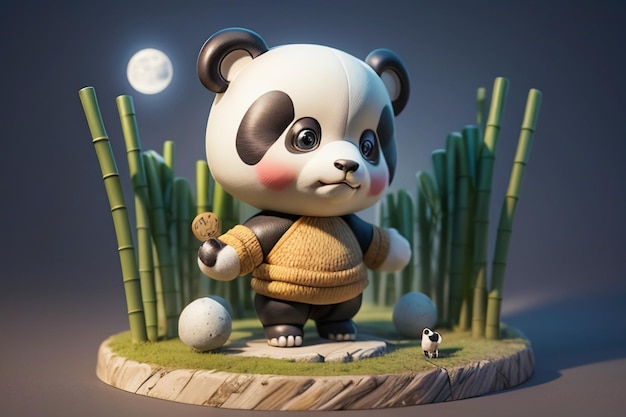 Cartoon Chinese nationale schat Panda spelen in Bamboo Forest Anime 3D Rendering Wallpaper