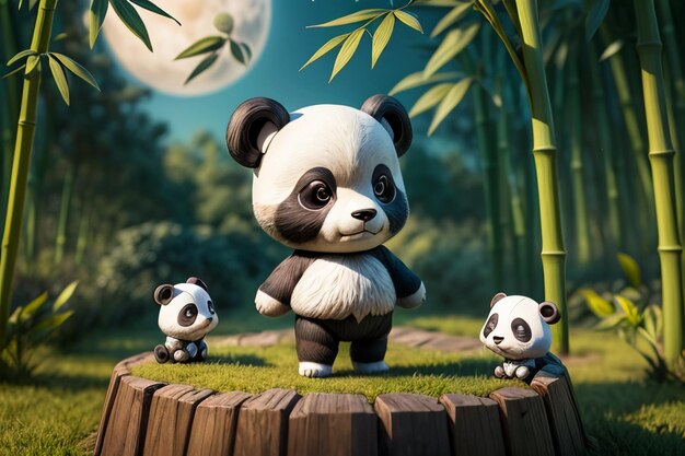 Foto cartoon chinese nationale schat panda spelen in bamboo forest anime 3d rendering wallpaper