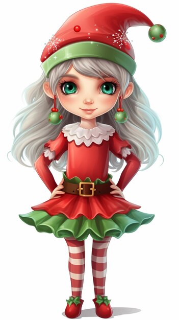 cartoon christmas elf girl with green eyes and red dress generative ai