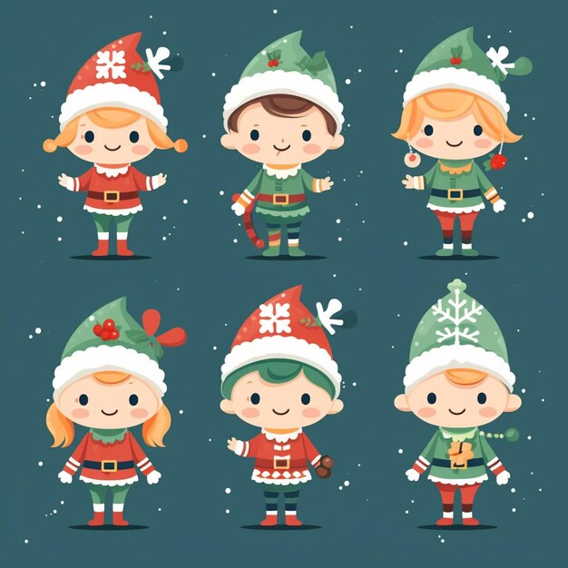 Photo cartoon christmas elves in different poses generative ai