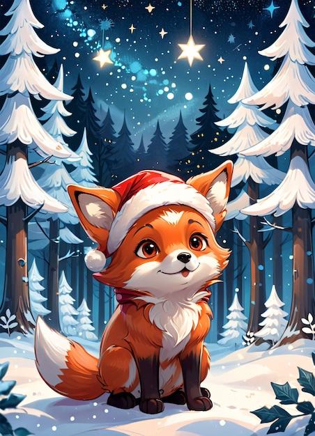 Cartoon Christmas illustration of the cute fox wearing Santa hat