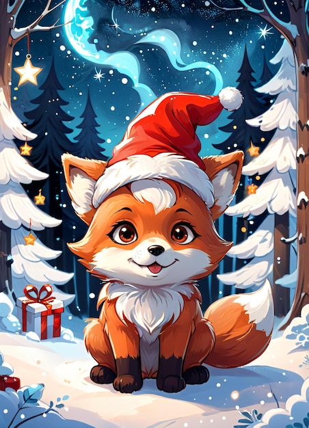 Cartoon Christmas illustration of the cute fox wearing Santa hat