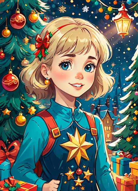 Cartoon Christmas illustration of the cute little girl