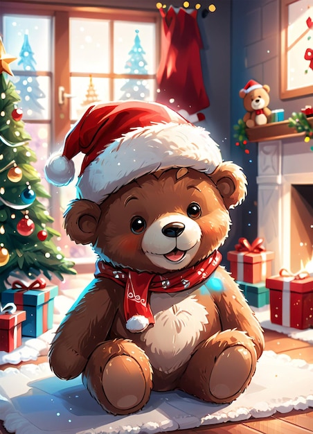 Photo cartoon christmas illustration of the cute teddy bear wearing santa hat