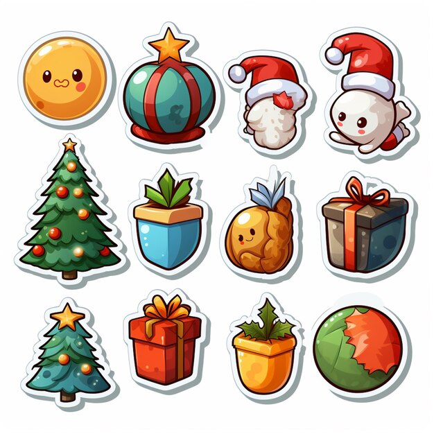 Photo cartoon christmas stickers with different items and decorations generative ai