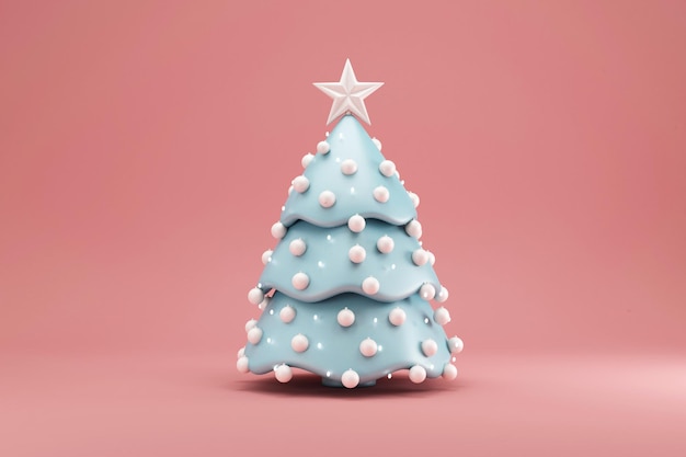 Cartoon Christmas Tree decorated with a garland and toys and a big star on pink studio background