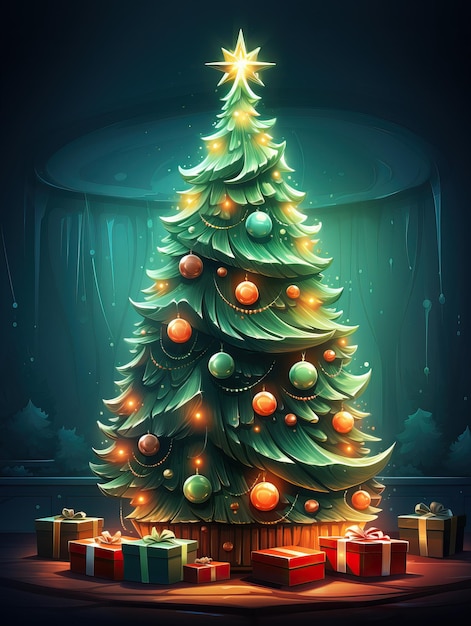 Photo cartoon christmas tree illustration generative ai