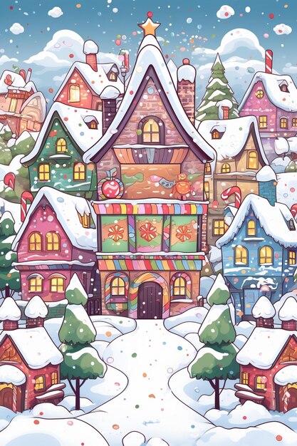 Cartoon christmas village with snow covered houses and trees generative ai