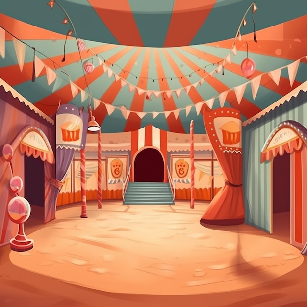 Foto scena del circo dei cartoni animati con una grande tenda e un'ingresso del circo generativo ai