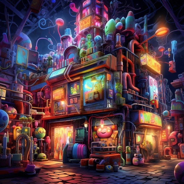 Cartoon City at night vivid color digital art