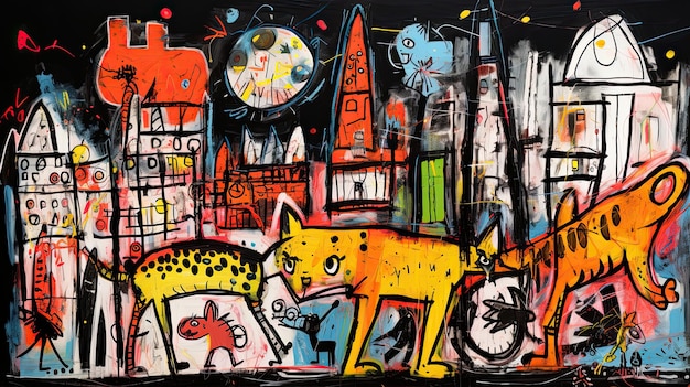 cartoon city of london met children039s karakters dinosaurussen in de stijl van Jean Michel Basquiat