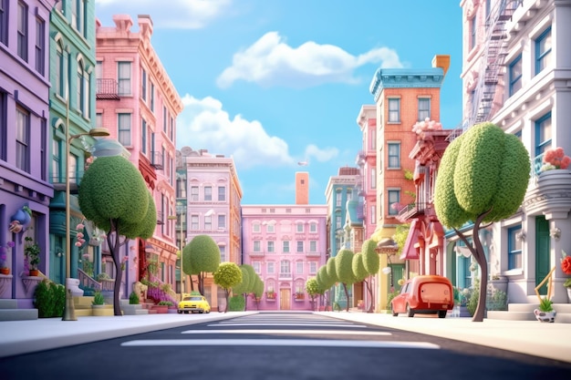 Cartoon City Street Metropolis 3D-animatiestijl voor kinderen