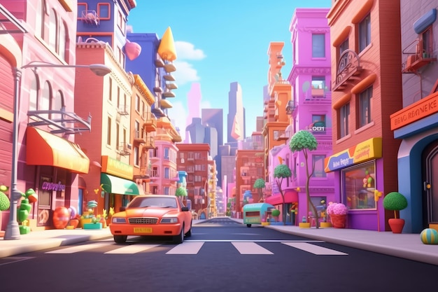 Cartoon City Street Metropolis 3D-animatiestijl voor kinderen