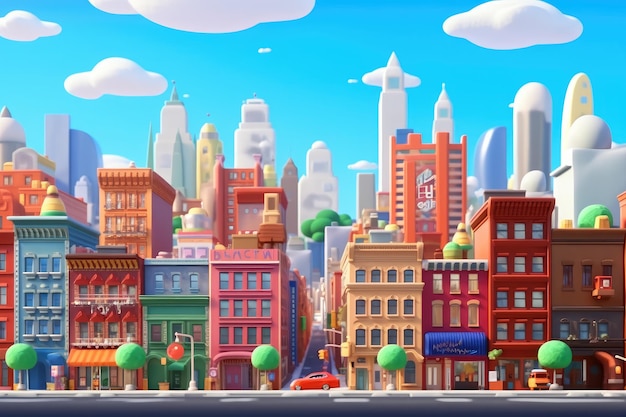 Photo cartoon city street metropolis 3d animation style for kids