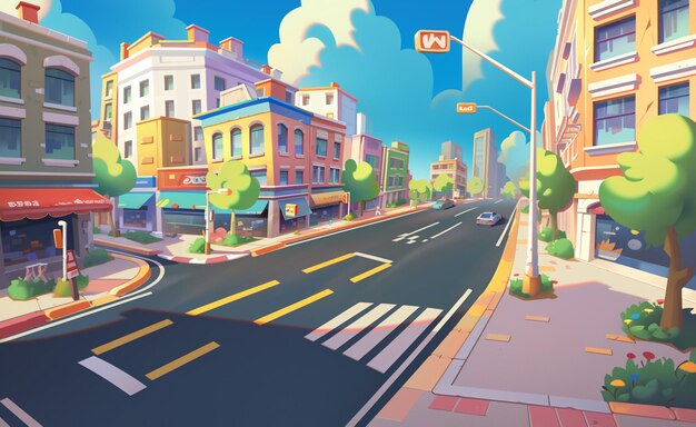 cartoon city street with buildings and trees on both sides generative ai