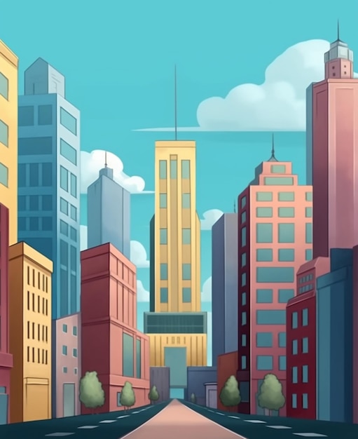 cartoon city street with buildings and trees on a sunny day generative ai