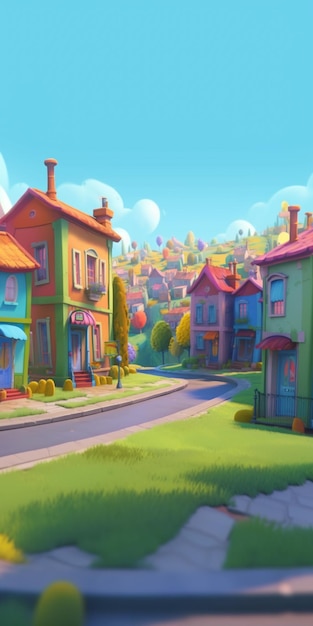 Photo cartoon city street with colorful houses and trees on a sunny day generative ai