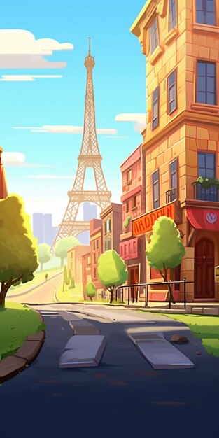 Photo cartoon city street with eiffel tower in the background generative ai