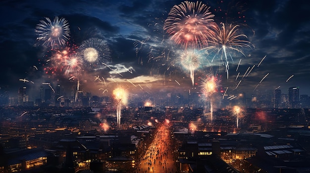 cartoon city view with colorful fireworks