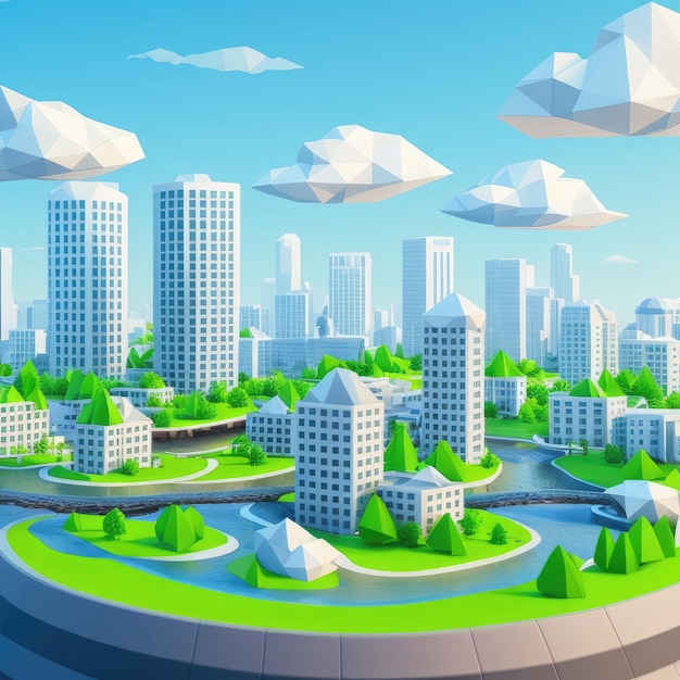 A cartoon of a city with a cityscape and a sky background.