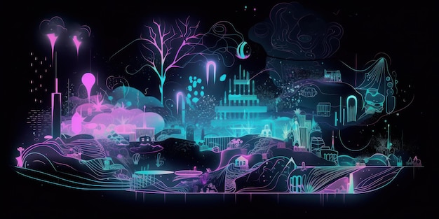 Photo a cartoon of a city with a dark background and a blue and purple night sky.