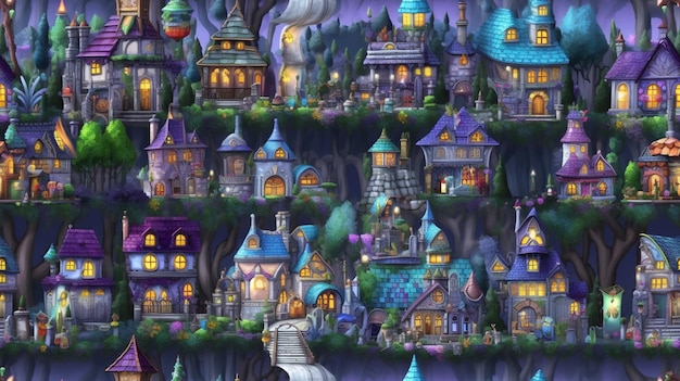 A cartoon city with a lot of houses on it