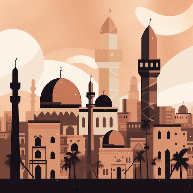 A cartoon of a city with a mosque in the background.