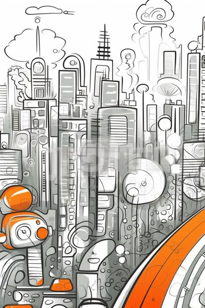 Photo cartoon city with orange cars and a white car stock photo generative ai