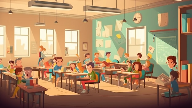 A cartoon of a classroom with a clock on the wall