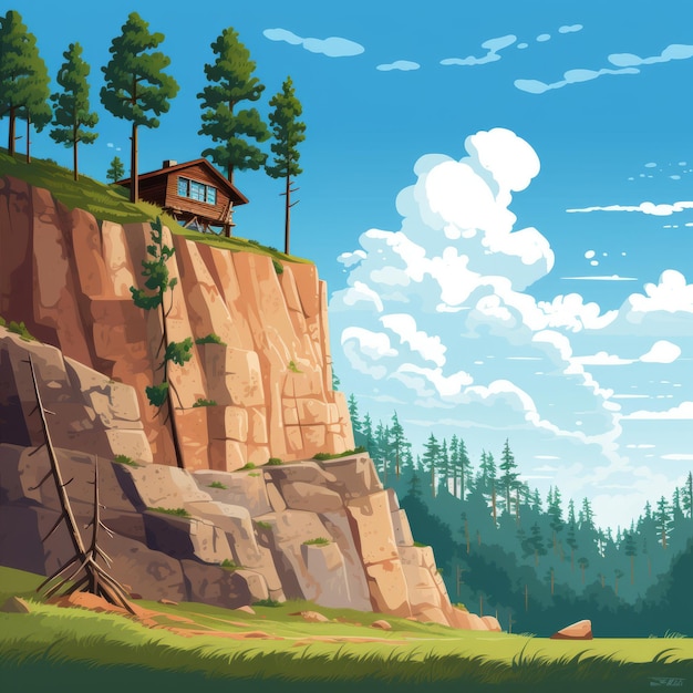 Photo cartoon cliff house a sublime wilderness with vibrant cartoonish details