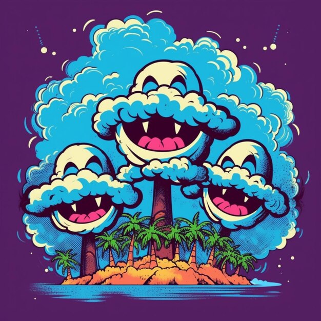 A cartoon cloud tree with three smiling faces on a small island generative ai