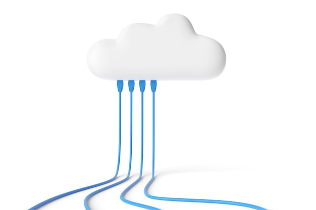 Фото Мультяшное облако с подключенными сетевыми кабелями, изолированными на белом фоне. интернет-концепция. 3d иллюстрации.