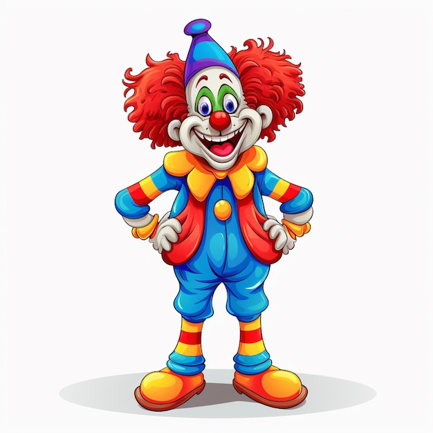 Foto clown dei cartoni animati con i capelli rossi e pantaloni blu e un naso rosso generativo ai