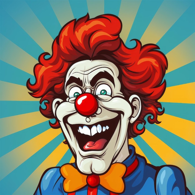 a cartoon clown with red hair and a bow tie on a blue background