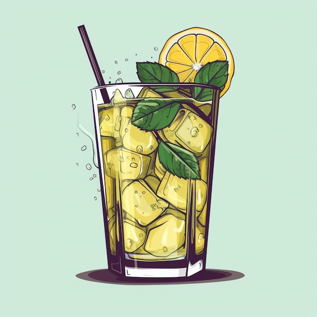 A cartoon of a cocktail with ice and a slice of lemon