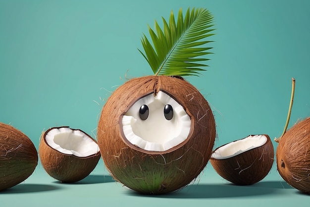 Cartoon coconut fruit with a happy face and a green leaf on top generative ai