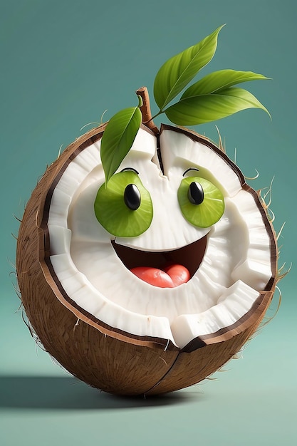 Cartoon coconut fruit with a happy face and a green leaf on top generative ai