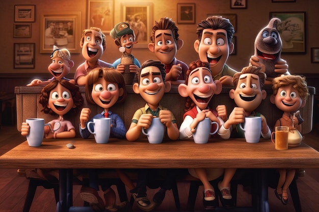 Photo cartoon coffee capers join a lively cast of animated characters in their mischievous adventures fueled by endless cups of java illustration generative ai