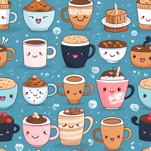 cartoon coffee cups with faces and a cupcake on a blue background generative ai