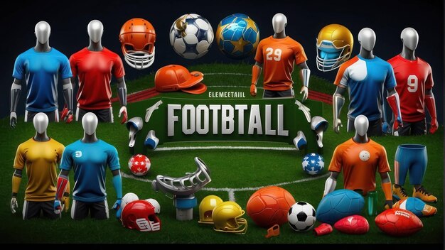 Photo cartoon collection of various sports equipment and field layouts