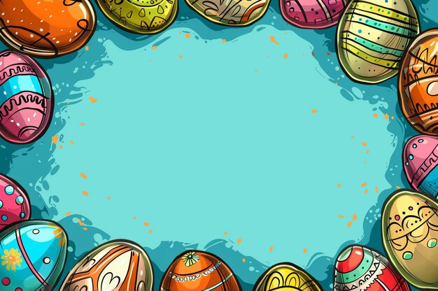 cartoon colorful eggs and greenery border with parchment center