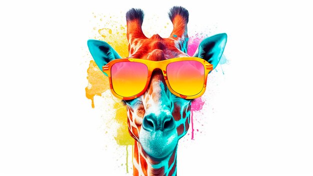 Cartoon colorful giraffe with sunglasses on white background Generative AI