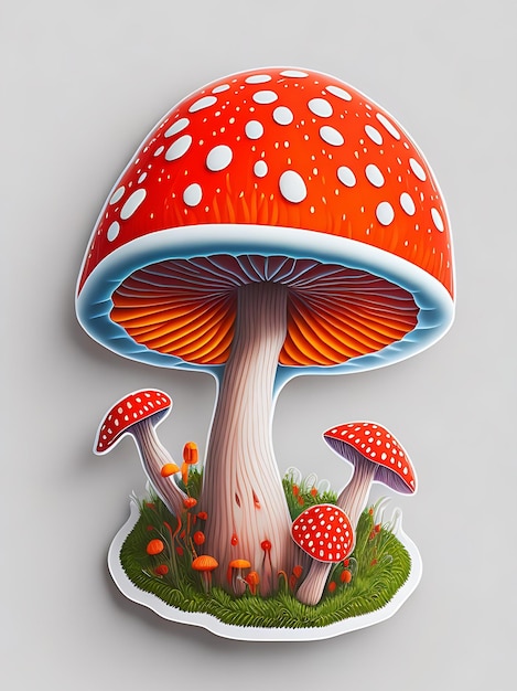 Cartoon colorful mushrooms sticker on gray background generative Ai