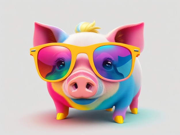 Foto disegno animato di un maiale colorato con occhiali da sole su sfondo bianco creato con ia generativa