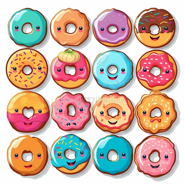 Cartoon colorful tasty donut set on white background Glazed doughnuts top view collection for cafe