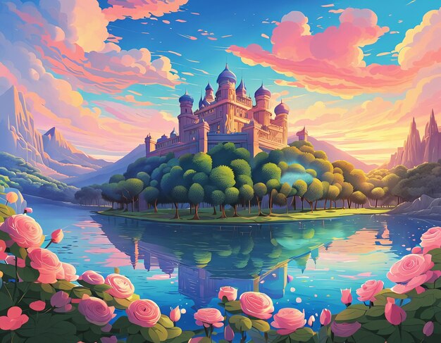 Cartoon comic style pink flowers trees and fantasy castle illustration background wallpaper